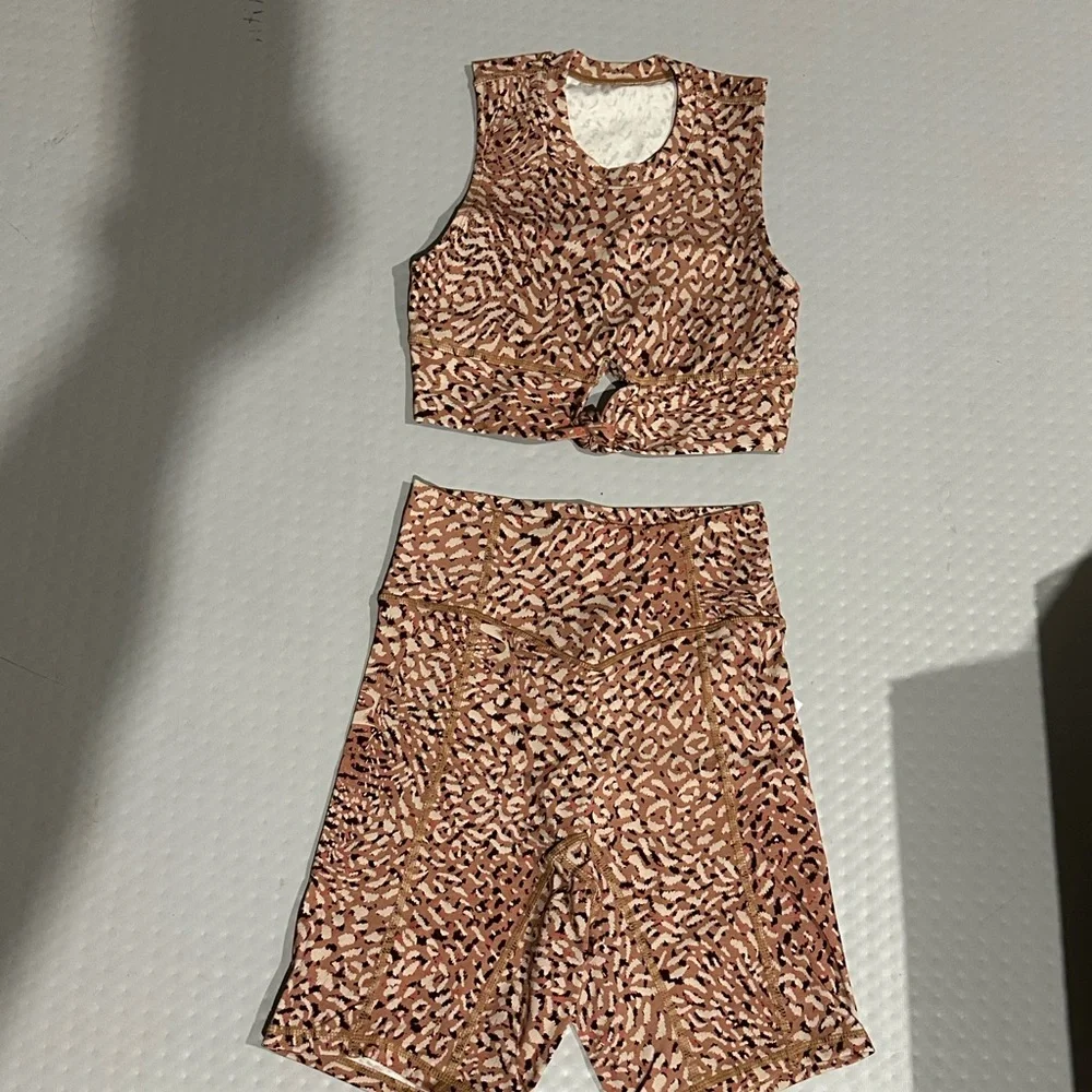 MARIIA‎ Eco Bamboo Organic Cotton Animal Print Knot Crop Top Biker Short set AXS